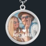 Cute I Love Heart Photo Couples Personalized Name Silver Plated Necklace<br><div class="desc">Cute I Love Heart Photo Couples Personalized Name Necklace features your favourite photo with the text "I (love heart) add name" in modern white script. Personalize by editing the text in the text box provided and adding your own picture. Perfect gifts for couples, girlfriend, wife, sweetheart and more for birthday,...</div>