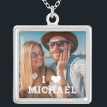 Cute I Love Heart Photo Couples Personalized Name Silver Plated Necklace<br><div class="desc">Cute I Love Heart Photo Couples Personalized Name Necklace features your favourite photo with the text "I (love heart) add name" in modern white script. Personalize by editing the text in the text box provided and adding your own picture. Perfect gifts for couples, girlfriend, wife, sweetheart and more for birthday,...</div>