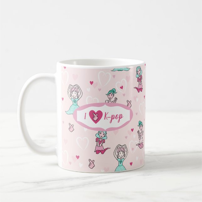 Cute I Love K-pop Girls Teal Pink Heart Coffee Mug (Left)