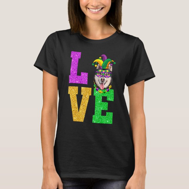 Cute I Love Mardi Gras Siberian Husky Dog Puppy T-Shirt (Front)