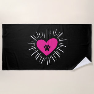 Cute I Love My Dog Puppy Cat Paw Heart Beach Towel