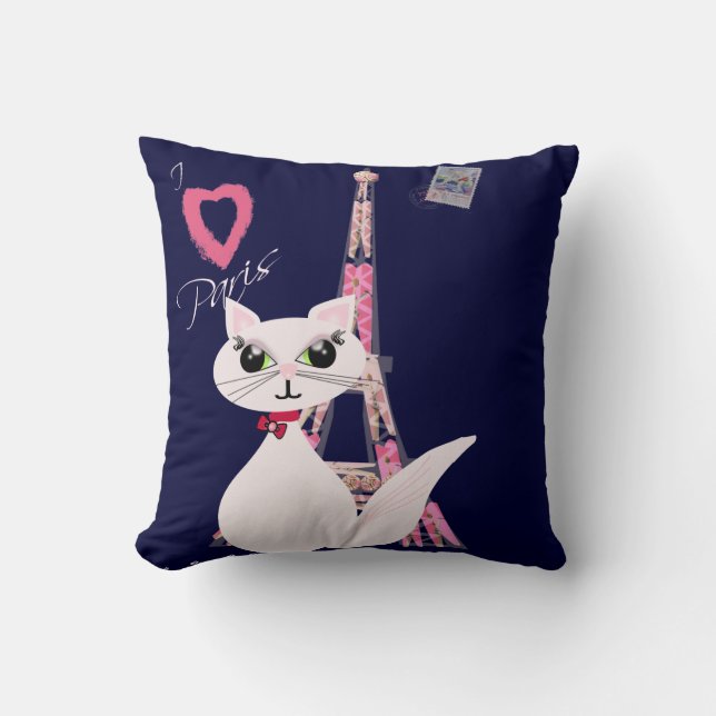 Cute I Love Paris cat Throw Pillow (Front)