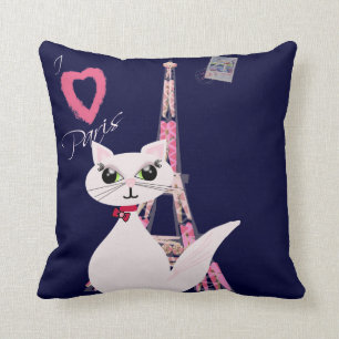 Cute I Love Paris cat Throw Pillow