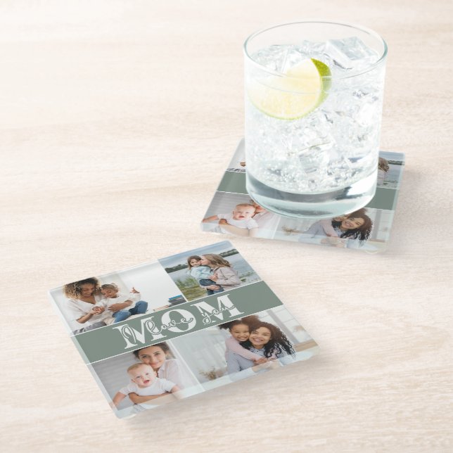 Cute I LOVE YOU MOM Mother's Day Photo Glass Coaster (Angled)