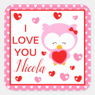 Cute I Love You Pink Owl & hearts Valentine's Day Square Sticker