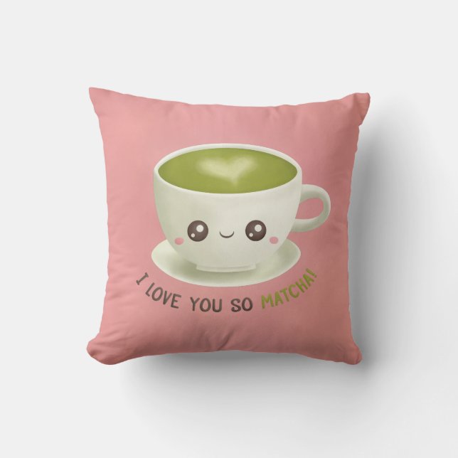 Cute I Love You So Matcha Puns Throw Pillow (Front)