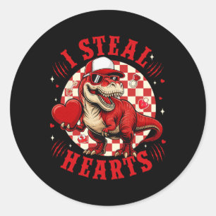 Cute I Steal Hearts Valentine Boys Dinosaur Holdin Classic Round Sticker
