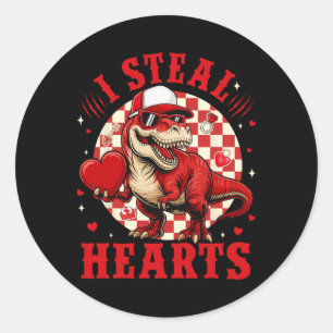 Cute I Steal Hearts Valentine Boys Dinosaur Holdin Classic Round Sticker