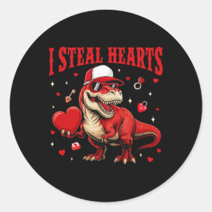 Cute I Steal Hearts Valentine Boys Dinosaur Holdin Classic Round Sticker