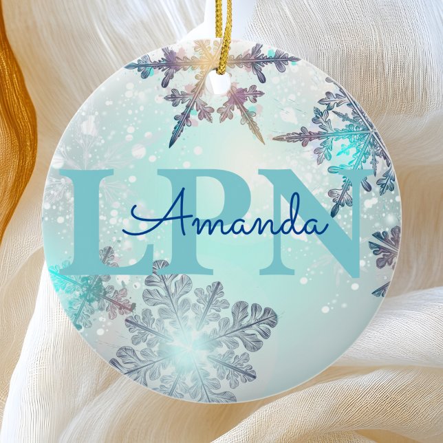 Cute Ice Blue Snowflake Personalized Name LPN  Ceramic Ornament (Creator Uploaded)