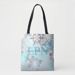 Cute Ice Blue Snowflake Personalized Name LPN Tote Bag