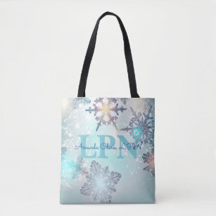 Cute Ice Blue Snowflake Personalized Name LPN  Tote Bag