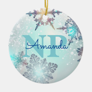 Cute Ice Blue Snowflake Personalized Name NP Nurse Ceramic Ornament
