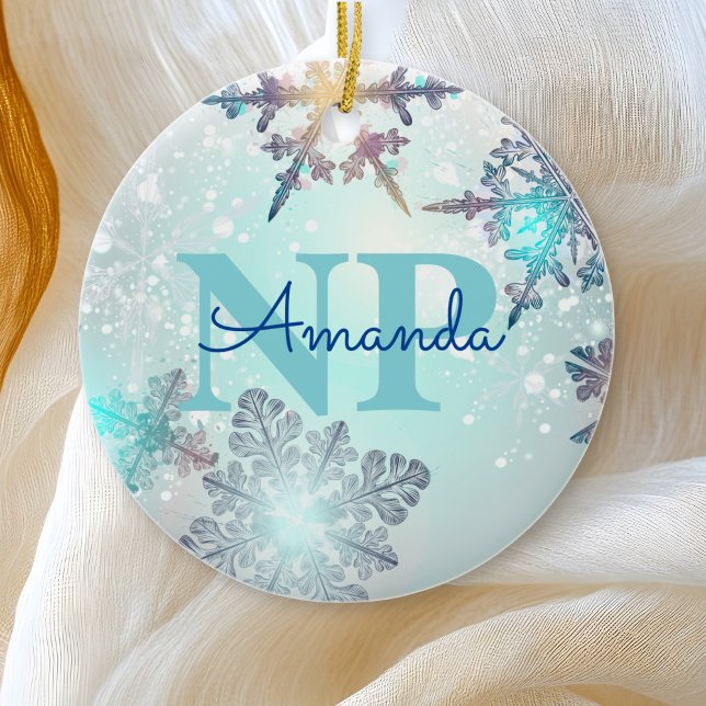 Cute Ice Blue Snowflake Personalized Name NP Nurse Ceramic Ornament (Creator Uploaded)