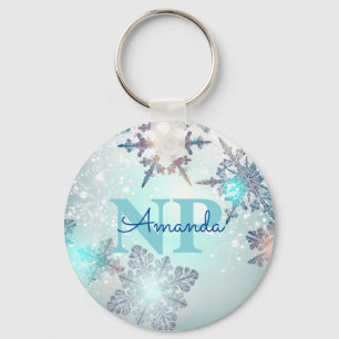 Cute Ice Blue Snowflake Personalized Name NP Nurse Keychain