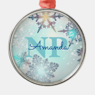 Cute Ice Blue Snowflake Personalized Name NP Nurse Metal Ornament