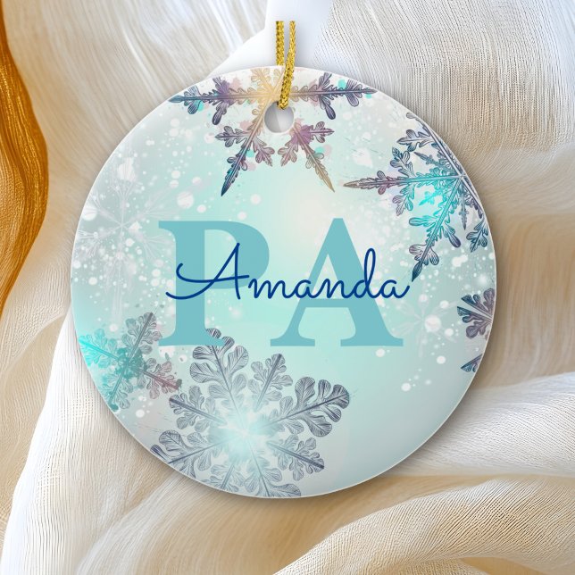 Cute Ice Blue Snowflake Personalized Name PA Ceramic Ornament (Creator Uploaded)
