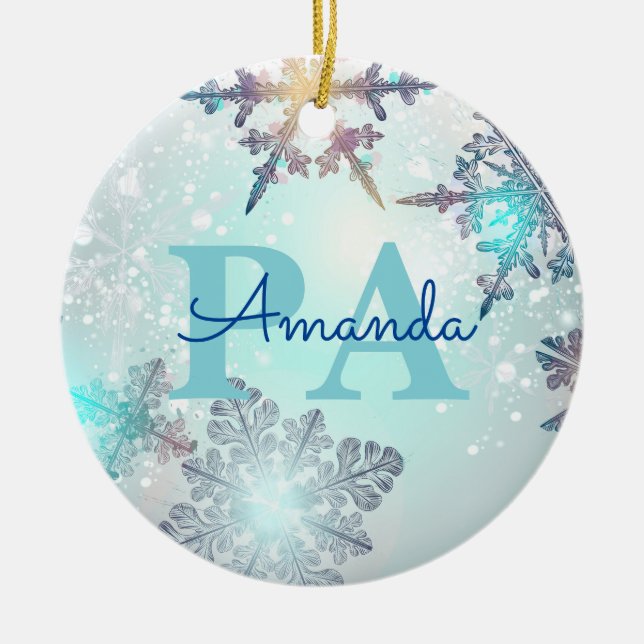 Cute Ice Blue Snowflake Personalized Name PA Ceramic Ornament (Front)