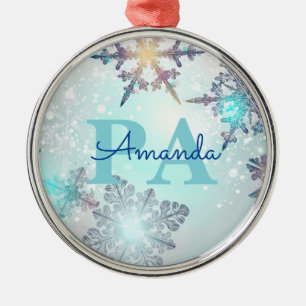 Cute Ice Blue Snowflake Personalized Name PA Metal Ornament