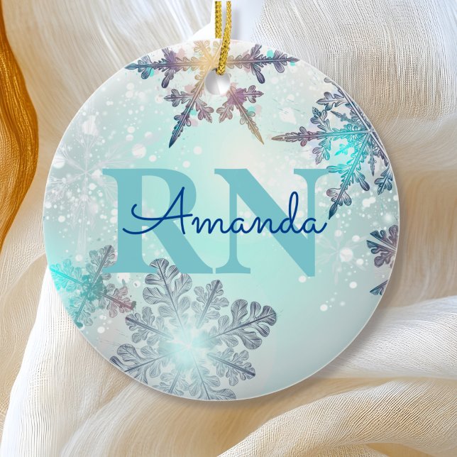 Cute Ice Blue Snowflake Personalized Name RN Nurse Ceramic Ornament (Creator Uploaded)