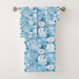 Cute Ice Blue Snowman and Snowflakes Bath Towel Set