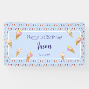 Cute Ice Cream Cone Blue Kids Boy Birthday Banner