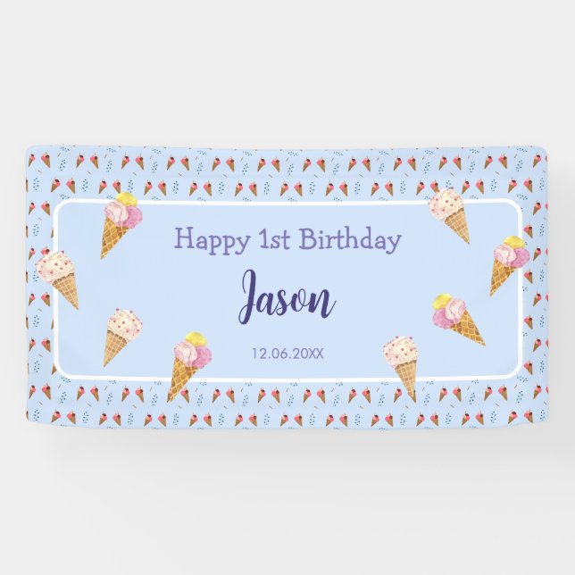 Cute Ice Cream Cone Blue Kids Boy Birthday Banner (Horizontal)
