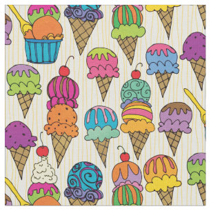 Cute Ice Cream Cone Dessert on Cream Girly Pattern Fabric