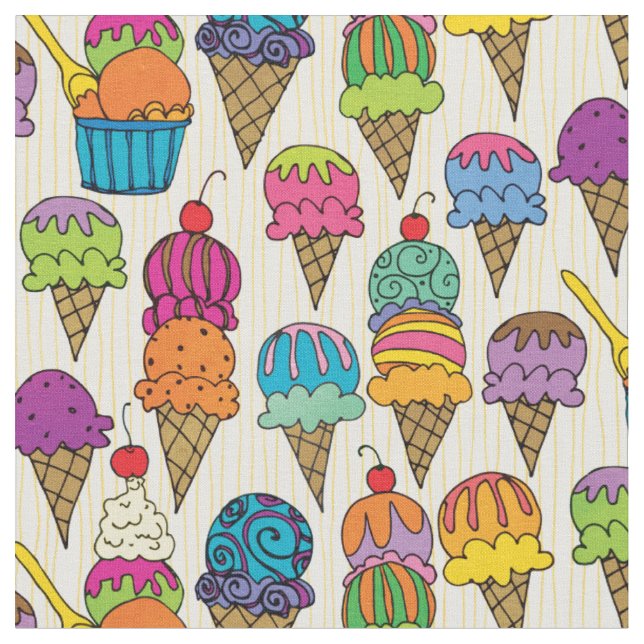 Cute Ice Cream Cone Dessert on Cream Girly Pattern Fabric (Close Up)