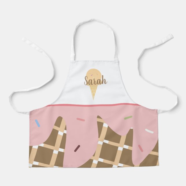 Cute Ice Cream Cone Melting Pink Sprinkles Pink Apron (Front)
