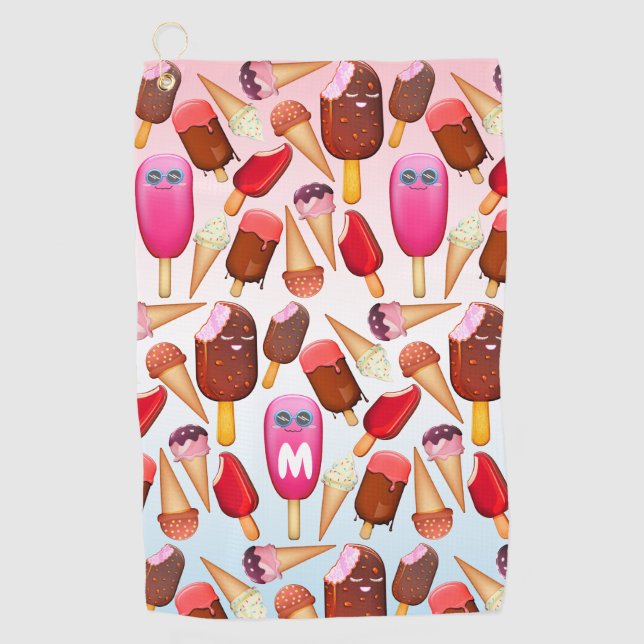 Cute Ice Cream Cone Popsicle Monogram Treats Golf Towel (Front)