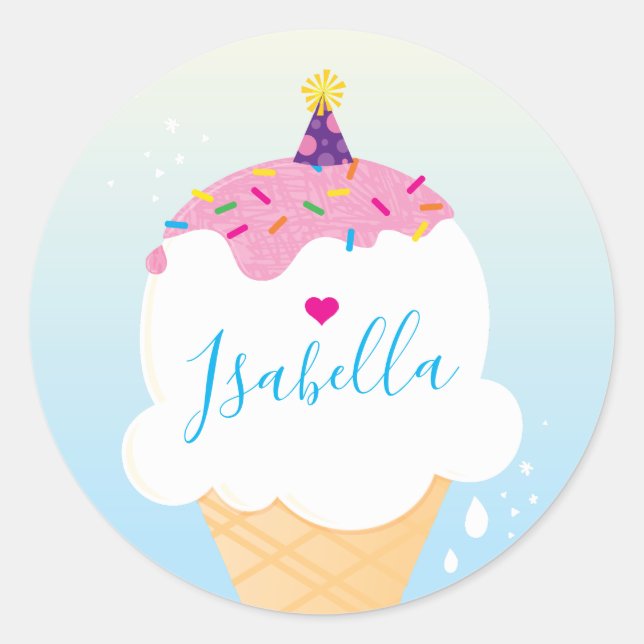 CUTE ICE CREAM CONE sprinkles retro party blue Classic Round Sticker (Front)
