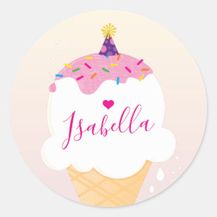 CUTE ICE CREAM CONE sprinkles retro party pink Classic Round Sticker