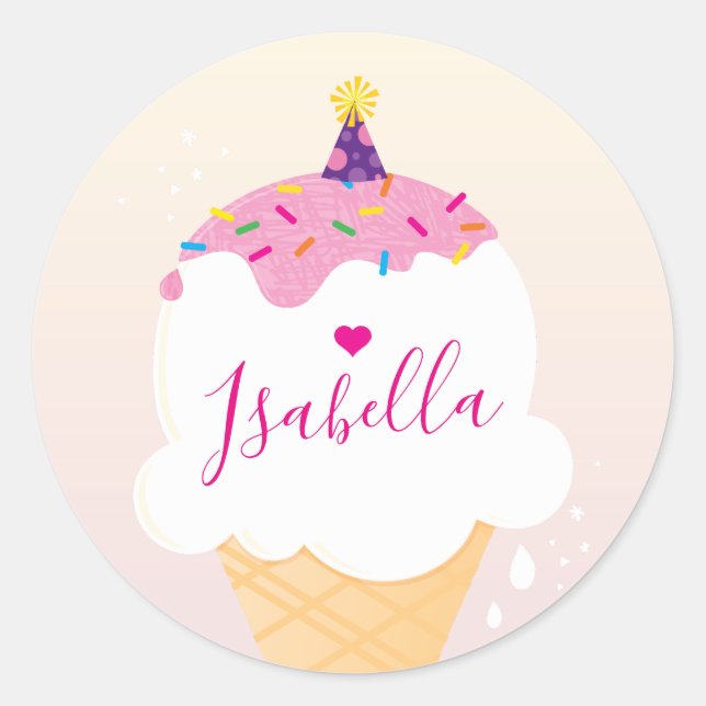 CUTE ICE CREAM CONE sprinkles retro party pink Classic Round Sticker (Front)