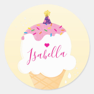 CUTE ICE CREAM CONE sprinkles retro party yellow Classic Round Sticker