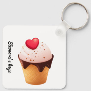 Cute Ice Cream Cone with Heart Keychain