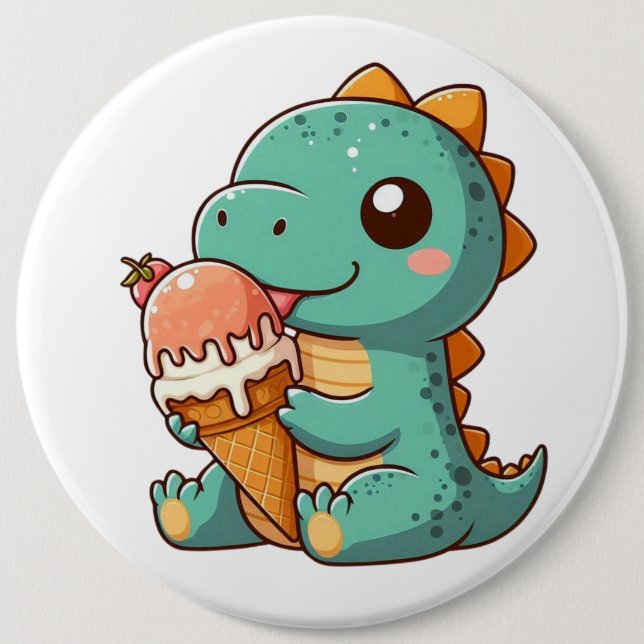 Cute ice cream eating dino 6 inch round button (Front)