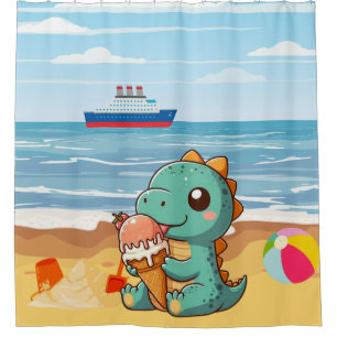 Cute ice cream eating dino at the beach