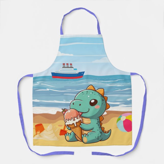 Cute ice cream eating dino at the beach apron (Front)