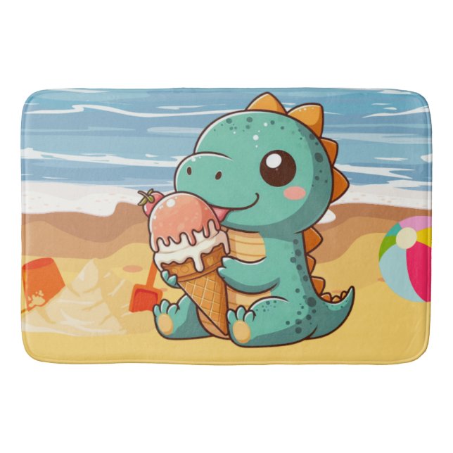 Cute ice cream eating dino at the beach bath mat (Front)