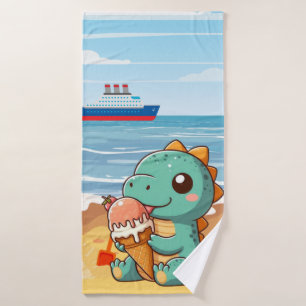 Cute ice cream eating dino at the beach bath towel