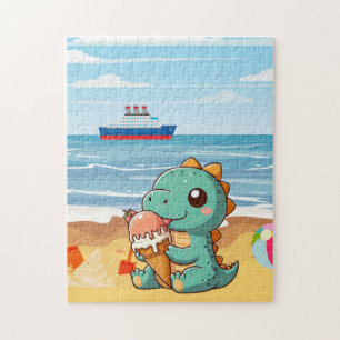 Cute ice cream eating dino at the beach jigsaw puzzle