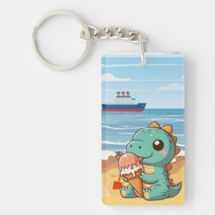 Cute ice cream eating dino at the beach keychain