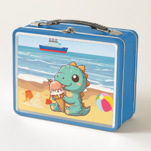Cute ice cream eating dino at the beach metal lunch box