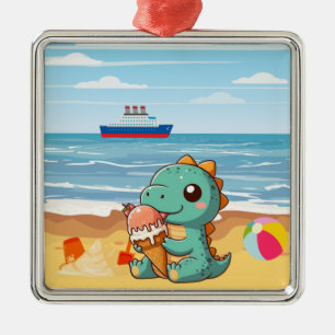 Cute ice cream eating dino at the beach metal ornament