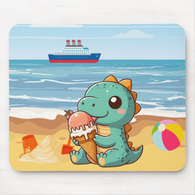 Cute ice cream eating dino at the beach mouse pad (Front)