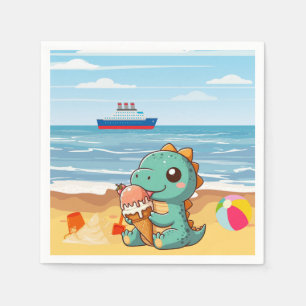 Cute ice cream eating dino at the beach napkin