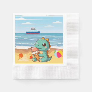 Cute ice cream eating dino at the beach napkin