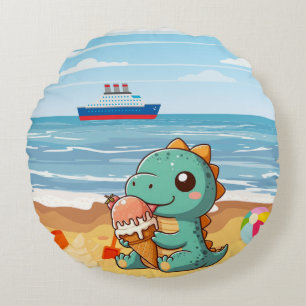 Cute ice cream eating dino at the beach round pillow