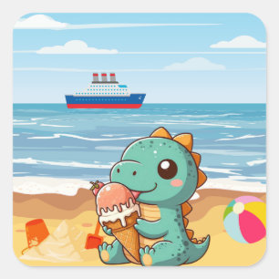 Cute ice cream eating dino at the beach square sticker